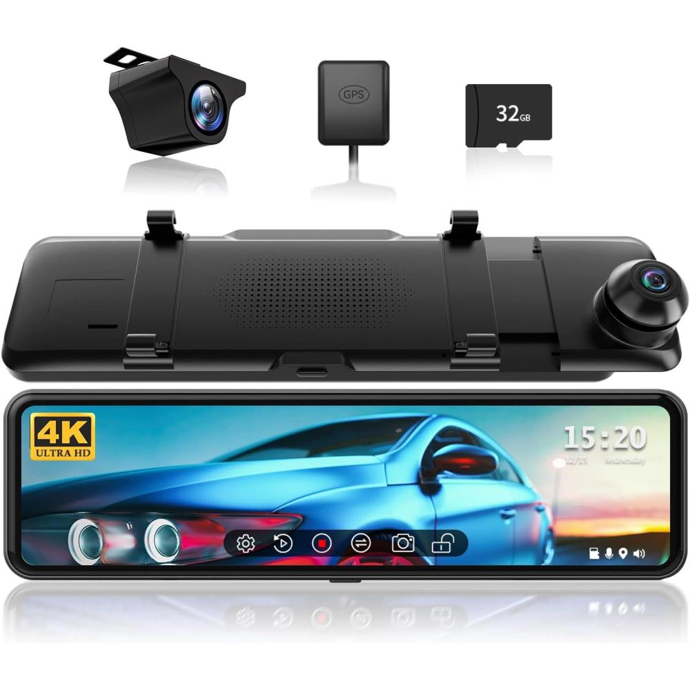 imageREDTIGER T700 Rear View Mirror Camera 11 4K UHD Front and 1080P Mirror Dash Cam Front and Rear GPSParking MonitorNight VisionSmart Reverse Parking AssistanceTouch Screen 32 GB Card