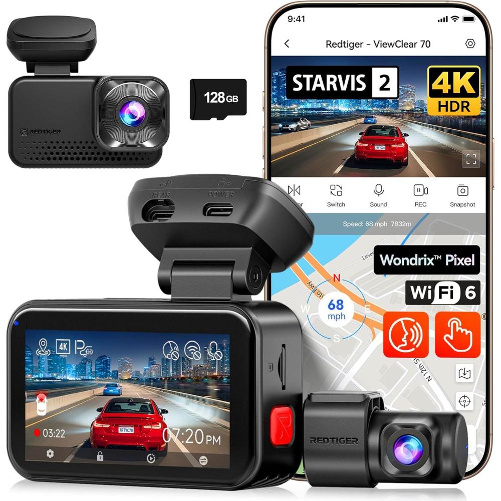 imageREDTIGER ViewClear 70 4K25K Dash Cam Front and Rear STARVIS 2 IMX678 x Wondrix Sensor Dual HDR Hyper Night Clarity 58GHz WiFi 6 30MBS Fast Download Dash Camera with 24H Parking Monitor