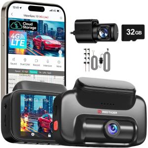 imageREDTIGER 4G LTE Dash Cam Front and RearRemote Live Stream 30Day Cloud Storage 25K  1080P Emergency Alert GPS Builtin SIM ATampampT Parking Monitor 32GB Card ampamp Hardwire Kit Included VS10