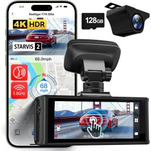 imageREDTIGER 4K HDR Dash Cam Front and Rear STARVIS 2 Sensor 58GHz WiFi APP 318quot Touchscreen Voice Control 128G Card Included WDR Dash Camera for Cars with GPS 24H Parking ModeF7N Elite