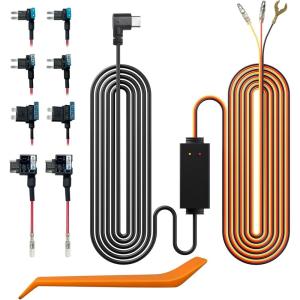 imageREDTIGER Dash Cam MultiSize Hardwire Kit with Dual Indicator Light USB C Power Port Includes 4 Types of Fuses Adapters24H Parking Monitoring with Low Voltage Protection