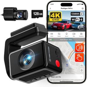 imageREDTIGER F4 Pro 4K Dash Cam Front and Rear STARVIS 2 Sensor 128GB Card Included Builtin 58GHz WiFi6 22inch Touch Screen Dash Camera for Cars Voice Control 24H Parking Mode