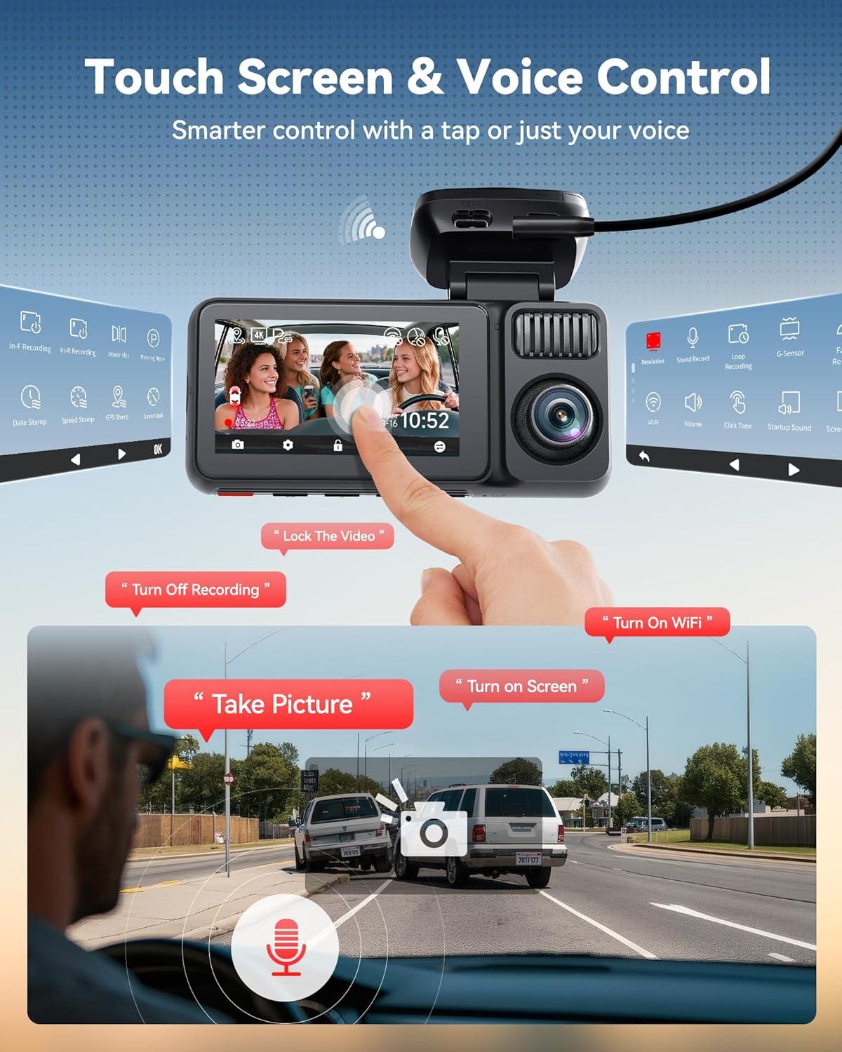 imageREDTIGER F17 Plus 4 Channel Dash Cam 27K1080P3 STARVIS 2 128GB Card Included 360 Front Inside and Rear Cabin Car Camera IR Night Vision 5GHz WiFi GPS Voice Control Touchscreen Parking Mode