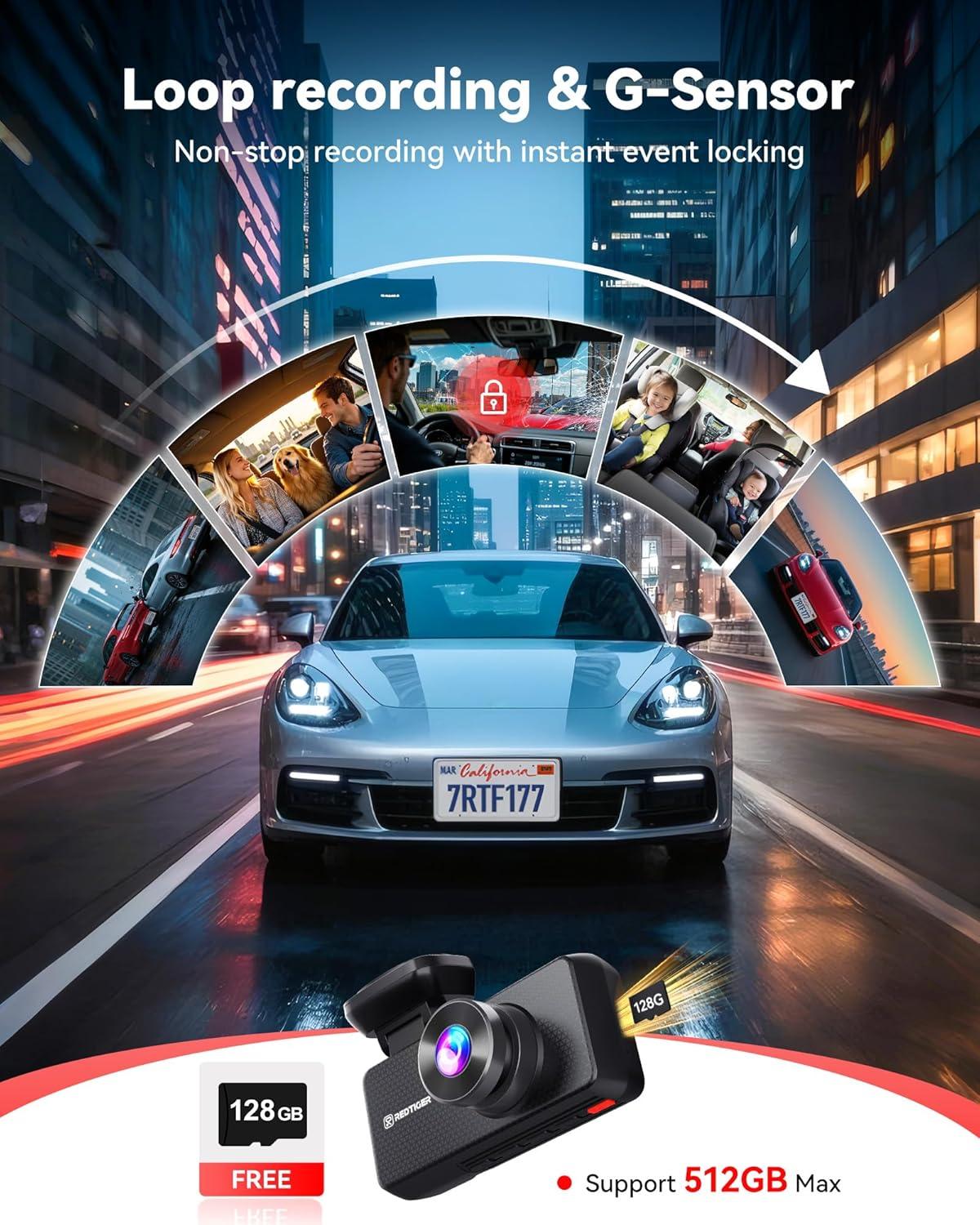 imageREDTIGER F17 Plus 4 Channel Dash Cam 27K1080P3 STARVIS 2 128GB Card Included 360 Front Inside and Rear Cabin Car Camera IR Night Vision 5GHz WiFi GPS Voice Control Touchscreen Parking Mode