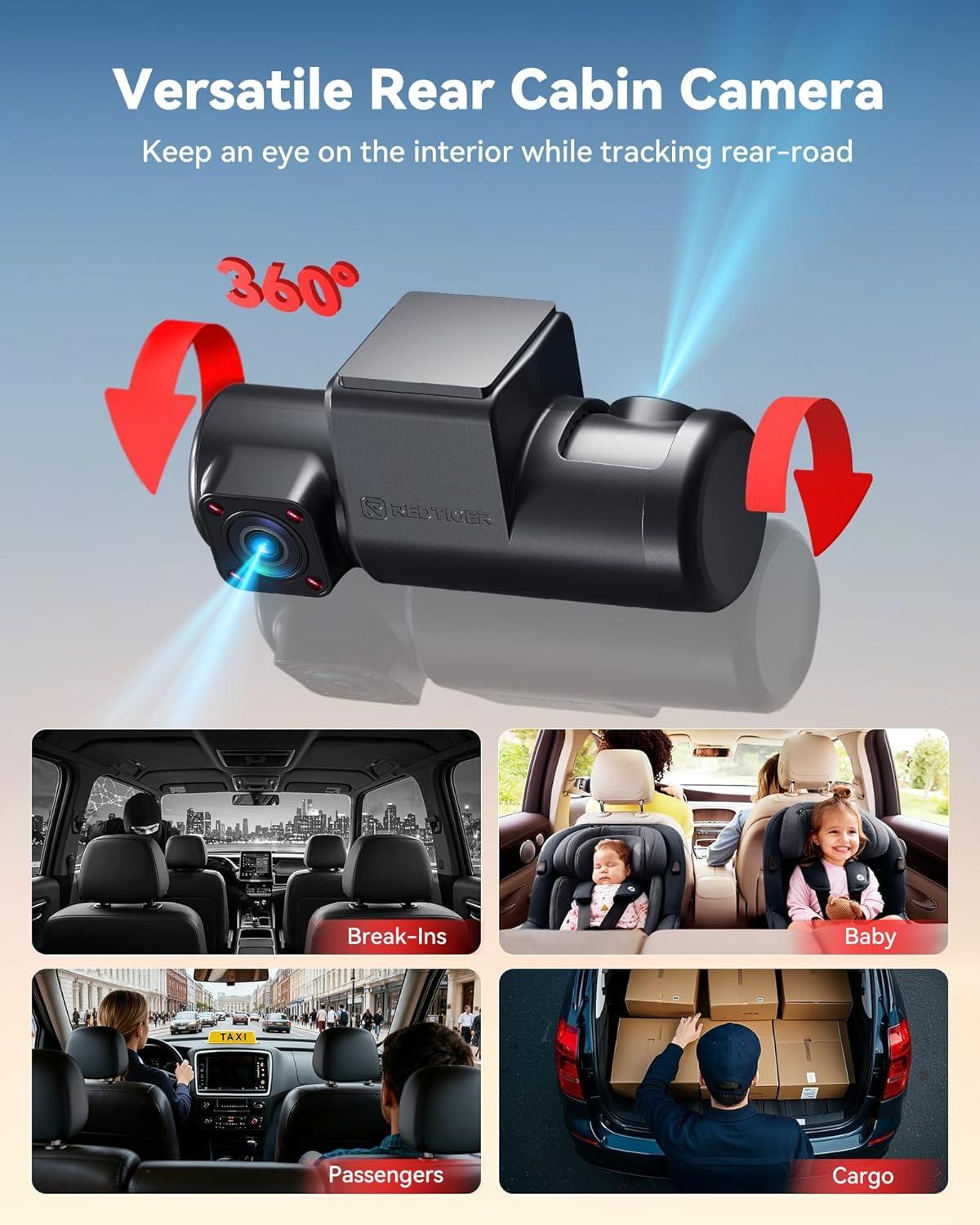 imageREDTIGER F17 Plus 4 Channel Dash Cam 27K1080P3 STARVIS 2 128GB Card Included 360 Front Inside and Rear Cabin Car Camera IR Night Vision 5GHz WiFi GPS Voice Control Touchscreen Parking Mode