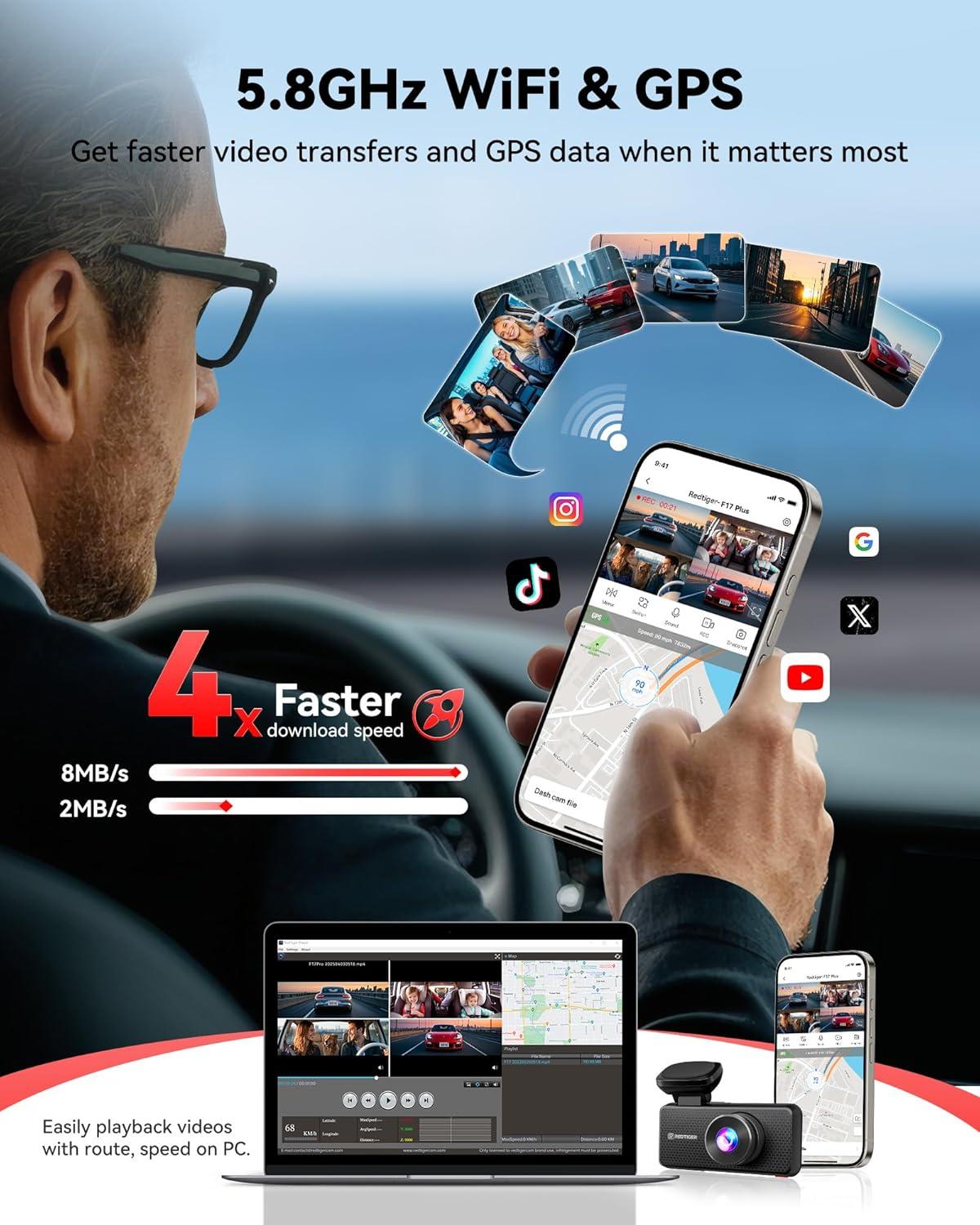 imageREDTIGER F17 Plus 4 Channel Dash Cam 27K1080P3 STARVIS 2 128GB Card Included 360 Front Inside and Rear Cabin Car Camera IR Night Vision 5GHz WiFi GPS Voice Control Touchscreen Parking Mode