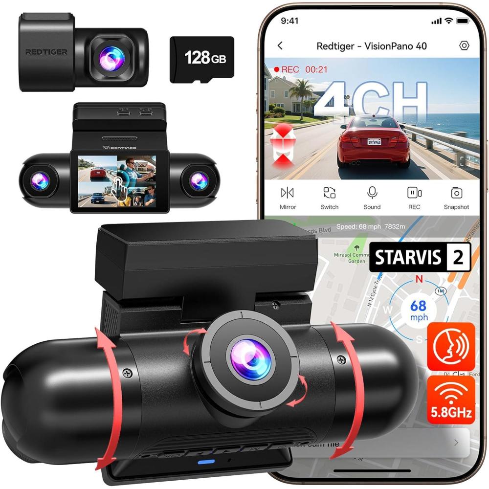 imageREDTIGER 4 Channel 360 View Dash Cam Dual STARVIS 2 25K21080P2 Dashcam Front and Rear Inside Left Right 58GHz WiFi 8 IR Lights Night Vision 4 Adjustable Lenses Included 128GB Card VP40